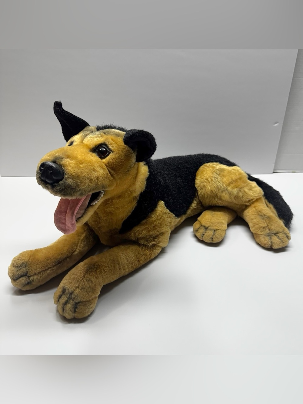 German Shepherd Realistic Dog Plush Vintage Animal Black Tan Large Lying 26”